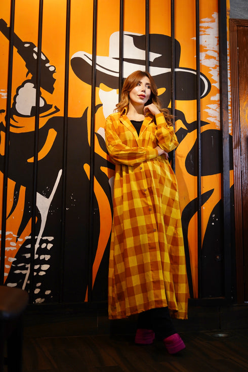 yellow Korean Check Dress