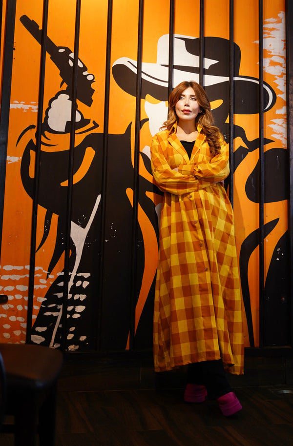 yellow Korean Check Dress